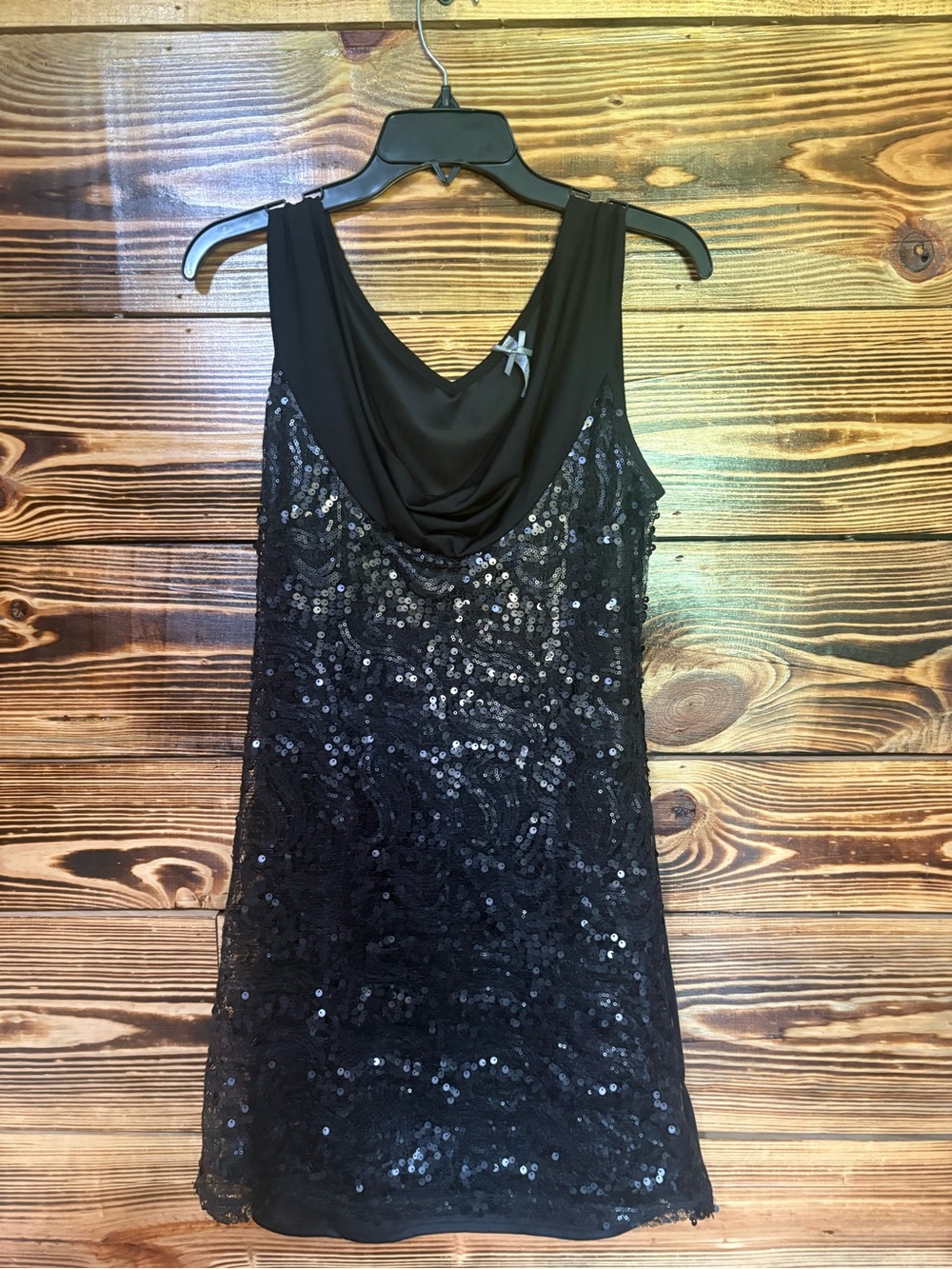 Black Sequin Cocktail Mini Dress with Drape Neck
